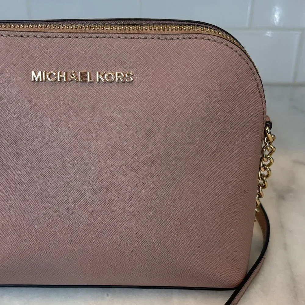 Michael Kors Crossbody Bag Purse Handbag Saffiano Leather Domed Chain-link Pink